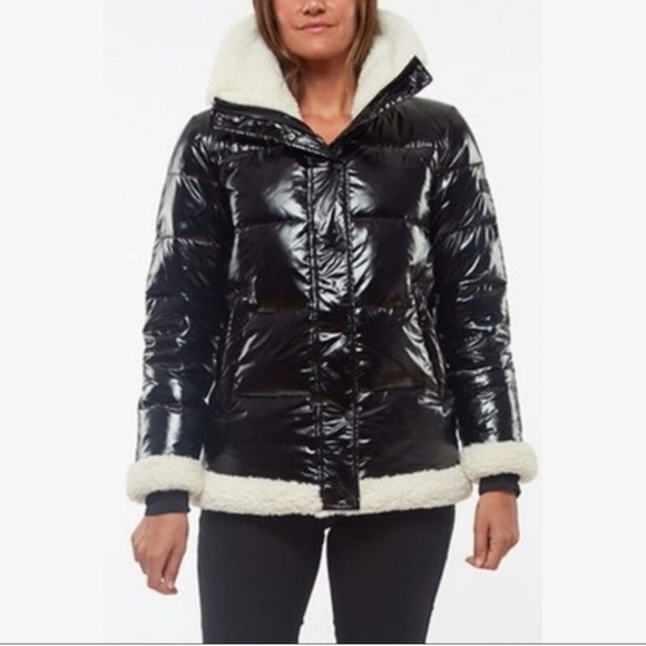 SANCTUARY Down Shearling Puffer High Shine Black Jacket Coat Sherpa Feather M